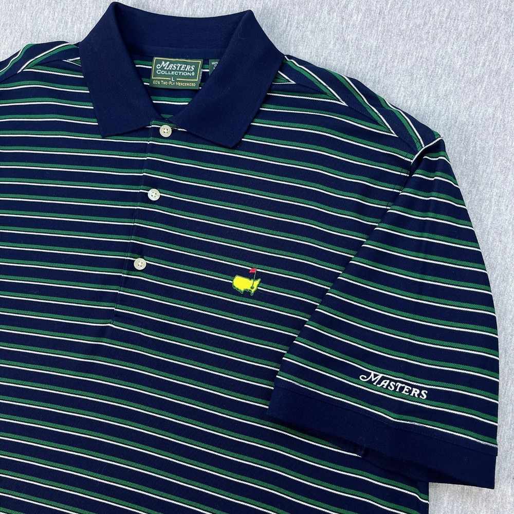 Masters Collection Mercerized Polo Shirt Mens L Green Blue Striped Logo Golf